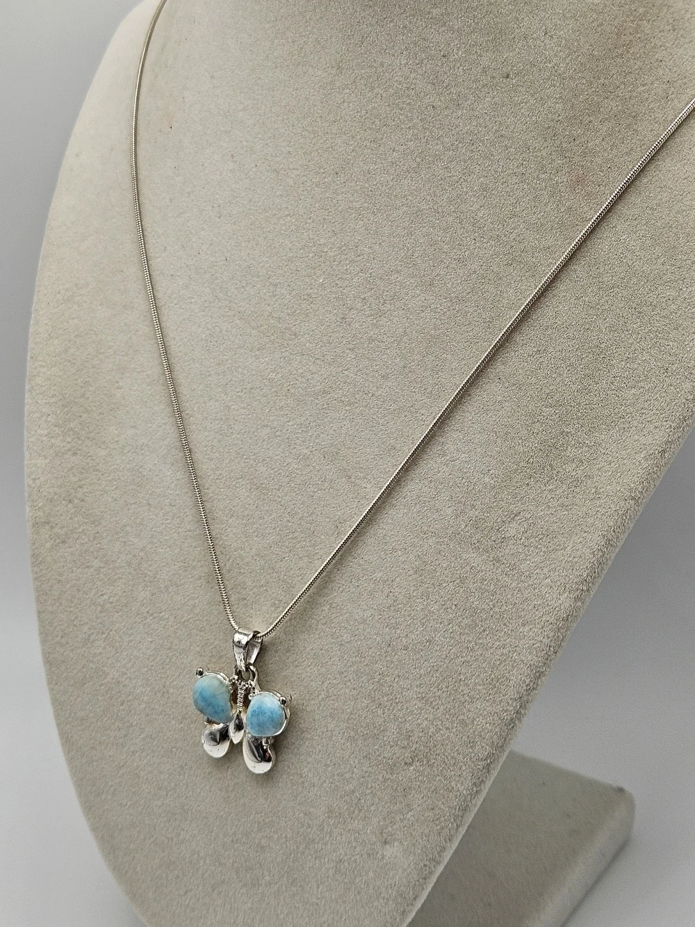 VINTAGE Sterling Silver 925 Larimar Butterfly Pendant Snake Chain Necklace